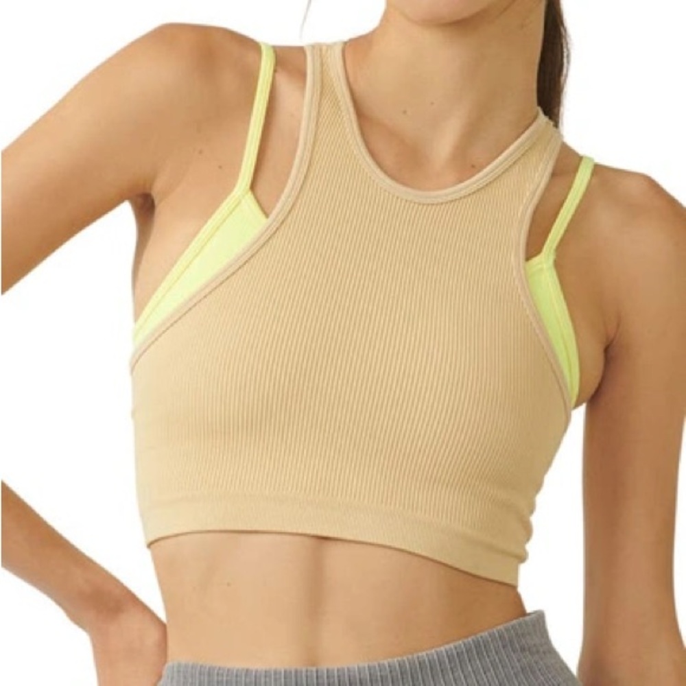 Free People Movement Throw Double Layer Crop Tank In Latte/ Lemon Verbena XL